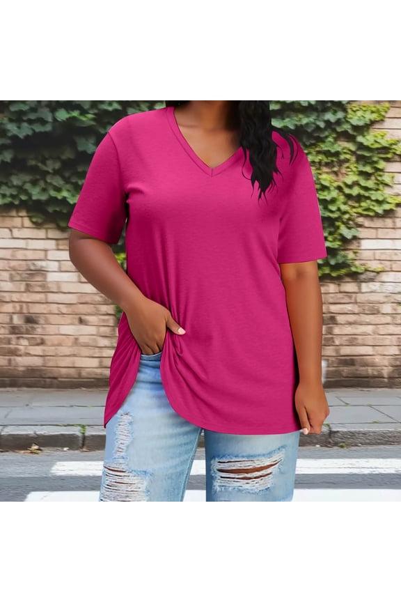 Plus Size Tops for Women V Neck Short Sleeve Henley T-shirt Oversized Summer Basic Casual Tunic Blouses Hot Pink 2XL