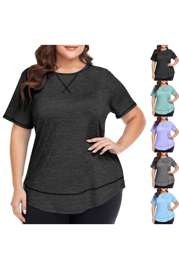 Plus Size Workout Tops for Women Short Sleeve Crew Neck Yoga T-shirt Curvy Hem Athletic Running Gym Tees Black 3XL
