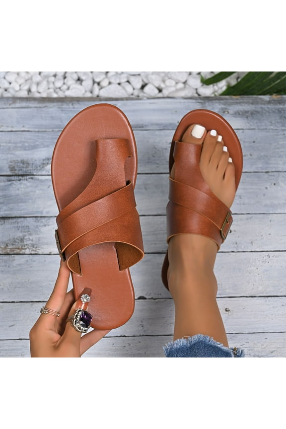 Women'S Leather Flat Toe Ring Flip Flops With Adjustable Buckle Slip On Comfortable T-Strap Toe Clip Slides Sandals 6