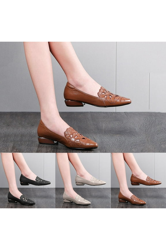 Women Thick Heel Soft-Soled Shoes Causal Cutout Embroidered Leather Shoes Pointed Toe Low Chunky Heel Slip On Loafers 7.5