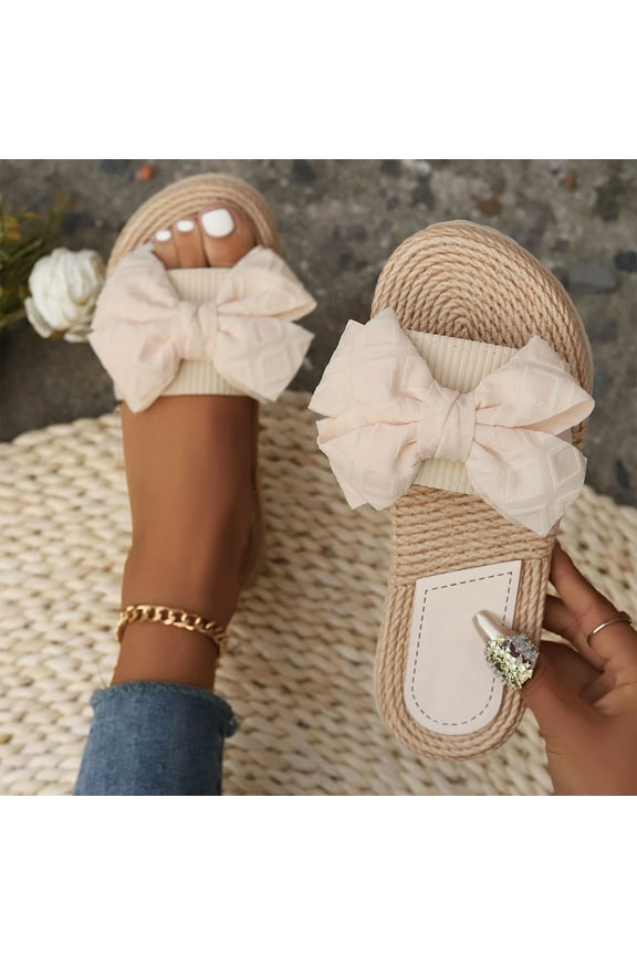Women's Bow Sandals Boho Cute Straw Open Toe Dressy Summer Beach Vacation Slides Shoes 8.5