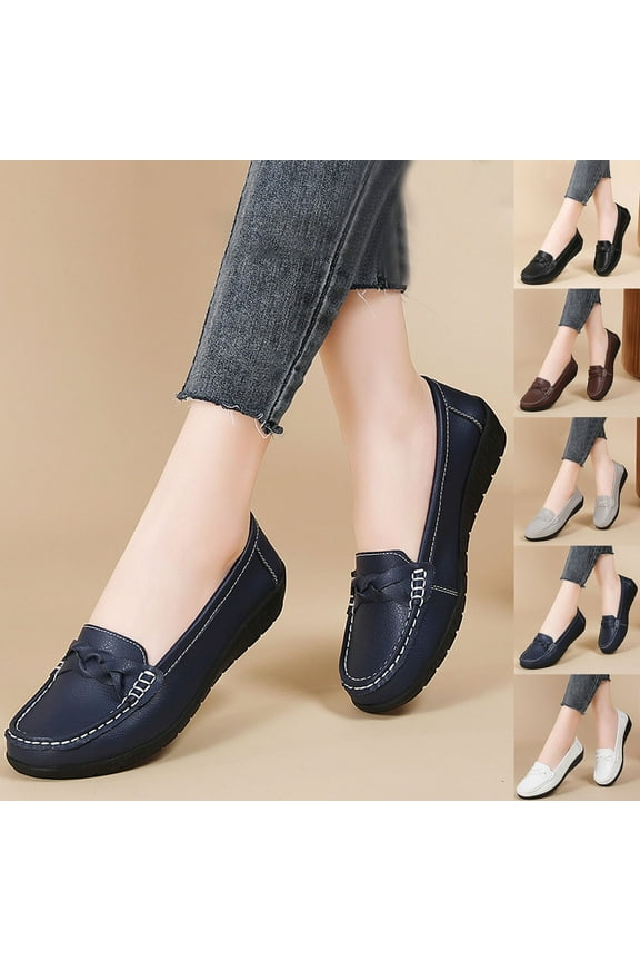 Women's Leather Flat Loafers Comfortable Round Toe Slip On Lightweight Work Office Walking Casual Flats Classic Shoes Loafers for Women 5