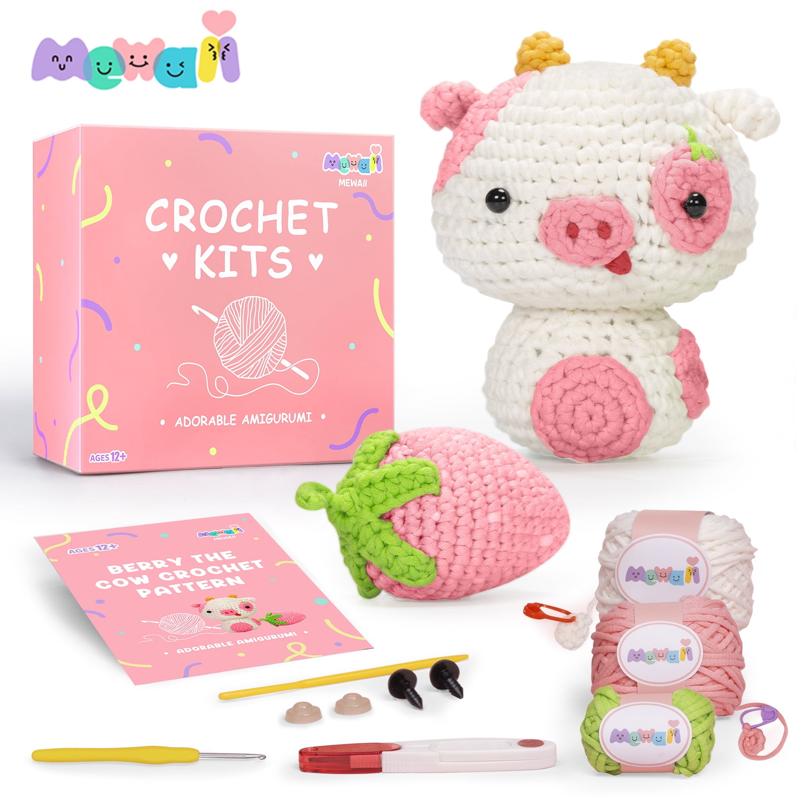 Mewaii Crochet Kit for Beginners, Complete DIY Kit with Pre-Started Yarn,  Step-by-Step Videos (Strawberry Cow) 
