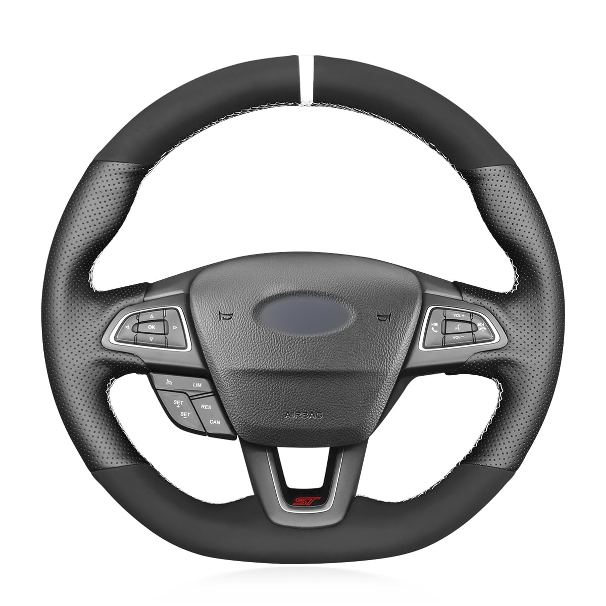 MEWANT Steering Wheel Cover For Ford Mustang 2024 - Hand-Stitched Wrap, Suede & Hive Embossed, Installation Kit Included