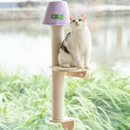 Mewoofun Cat Window Perch Hammock Bed with Scratching Post and Climbing Steps,Wooden Cat Perch Window for Indoor Cats and Kittens,35.6"X14.5"X13.5"