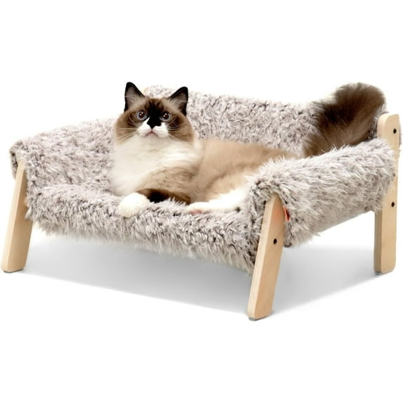 Mewoofun Pet Wooden Couch Bed Furniture Washable Beds with Plush for Cats & Litter Small Dogs, Plush Brown