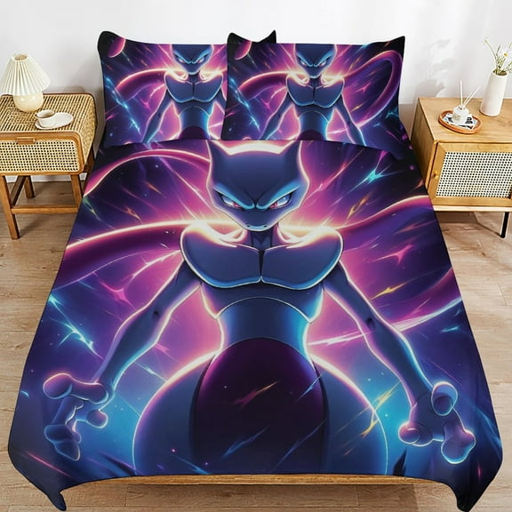 Mewtwo Duvet Cover Bedding Set Cartoon Print Soft Quilt Cover 3 Pieces, 1 Comforter Cover & 2 Pillowcases for Kids Teens Boys Girls Room Decor 86"x70"