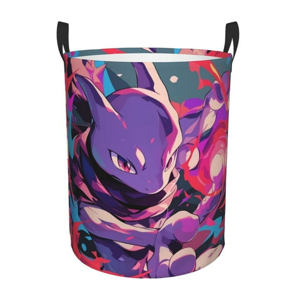 Mewtwo Laundry Basket Foldable Circular Dirty Clothes Toys Storage Organizer Bin Basket with Handles, Round Hamper For Bedroom Livingroom Bathroom