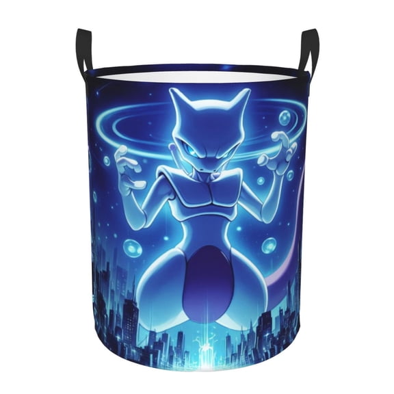 Mewtwo Laundry Basket Foldable Circular Dirty Clothes Toys Storage Organizer Bin Basket with Handles, Round Hamper For Bedroom Livingroom Bathroom