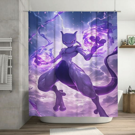 Mewtwo Shower Curtain Cartoon Art Bath Shower Curtains with 12 Hooks, Waterproof Washable Polyester Bathroom Home Decor Set 72x72 Inch, Plastic
