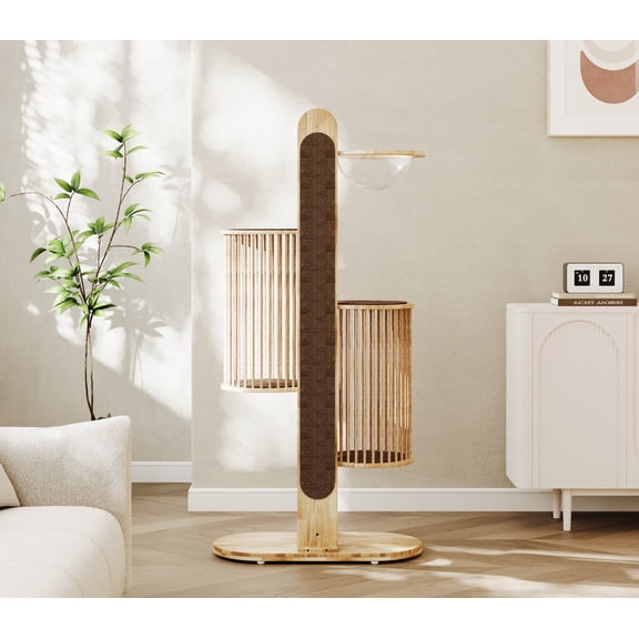 Mewzoom 67" Solid Wood Cat Tower with Scratching Posts for Indoor Cats, Brown