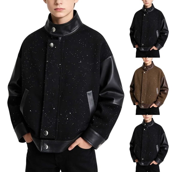 MexChoioe Boys and Girls Stand Collar Patchwork Jacket Long Sleeve Button Zipper Closure Outerwear Fall Winter Soft Stylish Daily Outdoor Coat for Kids
