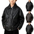 thumbnail image 1 of MexChoioe Boys and Girls Collared Faux Leather Jacket Long Sleeve Button Closure Outerwear Fall Winter Stylish Daily Outdoor Winter Coat for Kids, 1 of 6