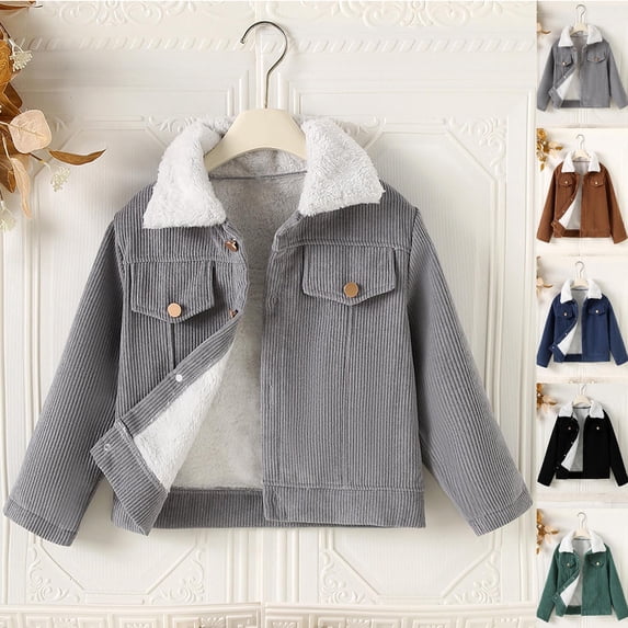 MexChoioe Boys and Girls Corduroy Jacket with Fleece Collar Long Sleeve Button Up Outerwear Fall Winter Warm Soft Casual Daily Winter Coat for Kids