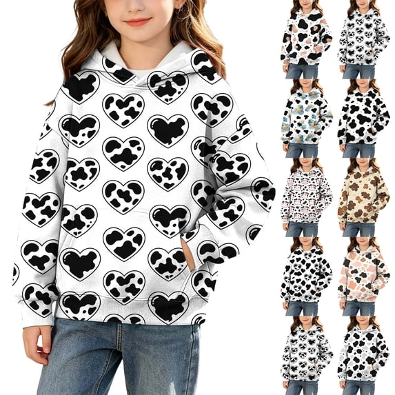 MexChoioe Cow Print Hoodie for Kids Long Sleeve Hooded Sweatshirt with Big Pocket Fall Winter Holiday Casual Pullover Hoodies for Boys and Girls
