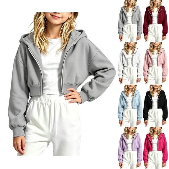 MexChoioe Girls Cropped Zip Up Hoodie Long Sleeve Casual Hooded Sweatshirt Fall Winter Daily Wear for Girls
