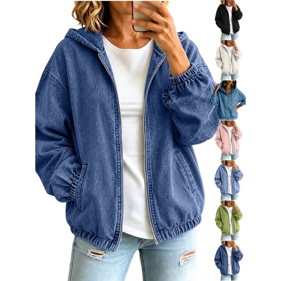 MexChoioe Hoodie Denim Jacket for Womens Drawstring Vintage Denim Fabric Hoodies Full Zip Long Sleeve Hooded Jean Coat with Pockets