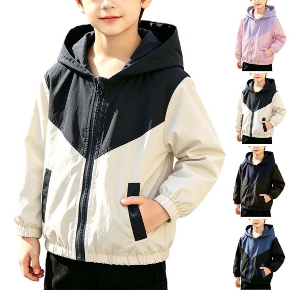 MexChoioe Kids Color-Blocked Hooded Windbreaker Sun Protection Pocket UPF 50+ Wrinkle Resistant Casual Fashion School Streetwear Top for Boys