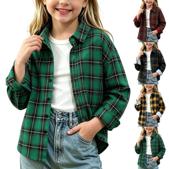 MexChoioe Kids Plaid Flannel Shacket Button Down Long Sleeve Collared Outerwear Loose Cut Fall Warm Casual Coat for Girls