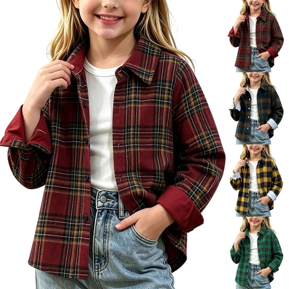 MexChoioe Kids Plaid Flannel Shacket Button Down Long Sleeve Collared Outerwear Loose Cut Fall Warm Casual Coat for Girls