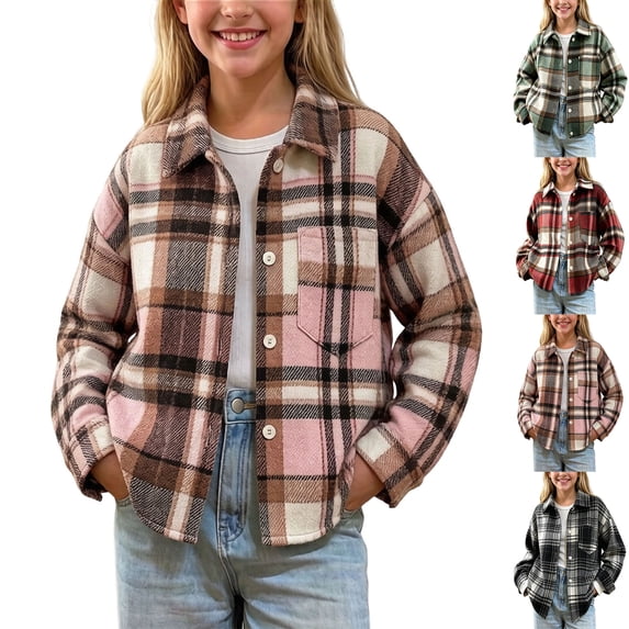 MexChoioe Kids Plaid Flannel Shacket Button Down Long Sleeve Shirt Jacket with Chest Pocket Fall Winter Oversized Casual Coat for Girls