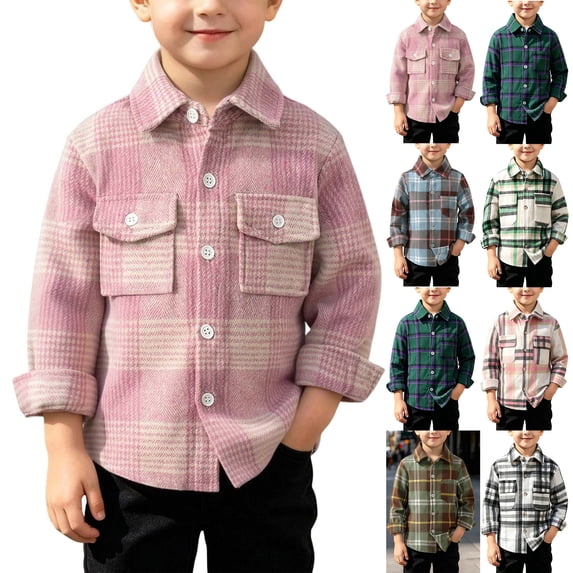 MexChoioe Kids Plaid Flannel Shirt Jacket Button Down Long Sleeve Outerwear with Chest Pockets Fall Winter Casual Daily Street Coat for Boys