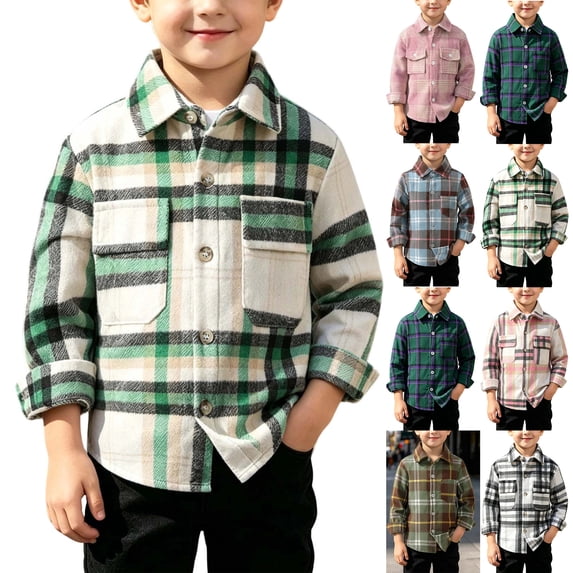 MexChoioe Kids Plaid Flannel Shirt Jacket Button Down Long Sleeve Outerwear with Chest Pockets Fall Winter Casual Daily Street Coat for Boys