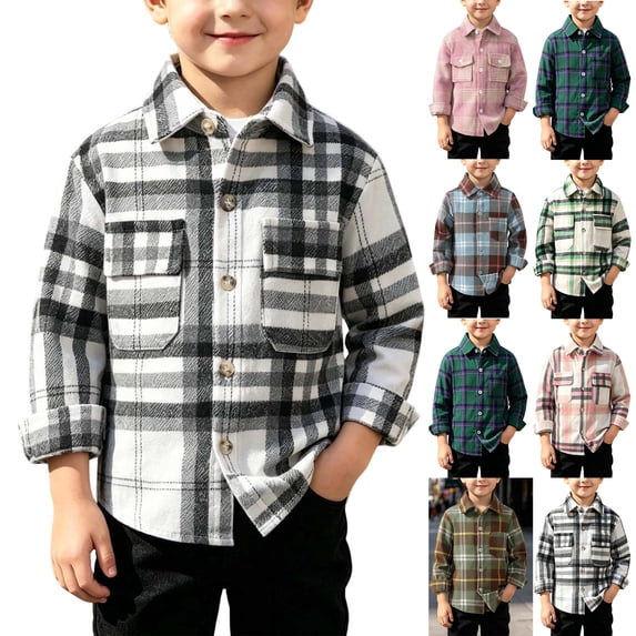 MexChoioe Kids Plaid Flannel Shirt Jacket Button Down Long Sleeve Outerwear with Chest Pockets Fall Winter Casual Daily Street Coat for Boys