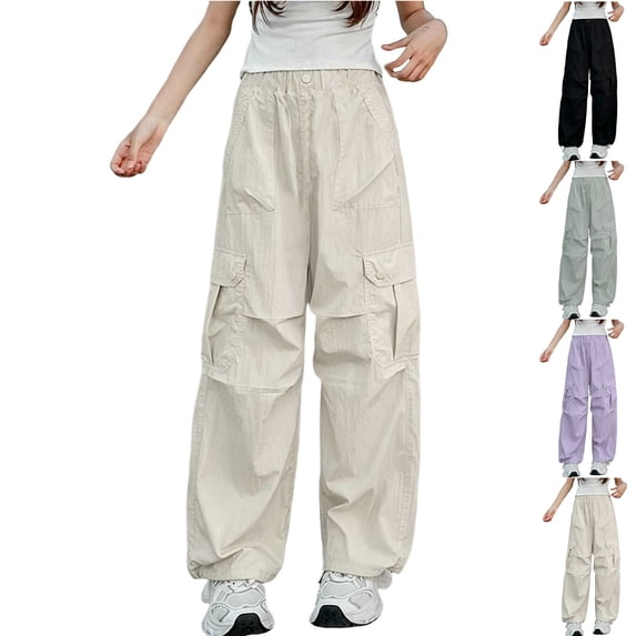 MexChoioe Kids Wide Leg Cargo Pants Elastic Waist Lightweight Windbreaker Trousers with Multi Pockets Fall Outdoor Parachute Pants for Boys and Girls