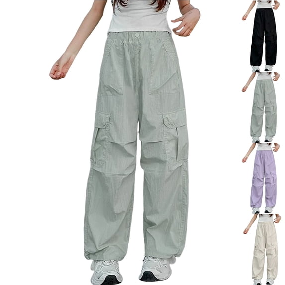 MexChoioe Kids Wide Leg Cargo Pants Elastic Waist Lightweight Windbreaker Trousers with Multi Pockets Fall Outdoor Parachute Pants for Boys and Girls