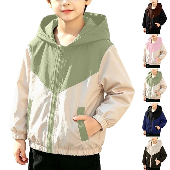 MexChoioe Kids Zip Up Hooded Outerwear Color‑Blocked Windbreaker Jacket Long Sleeve with Pockets Breathable Fall Travel Everyday Coat for Boys