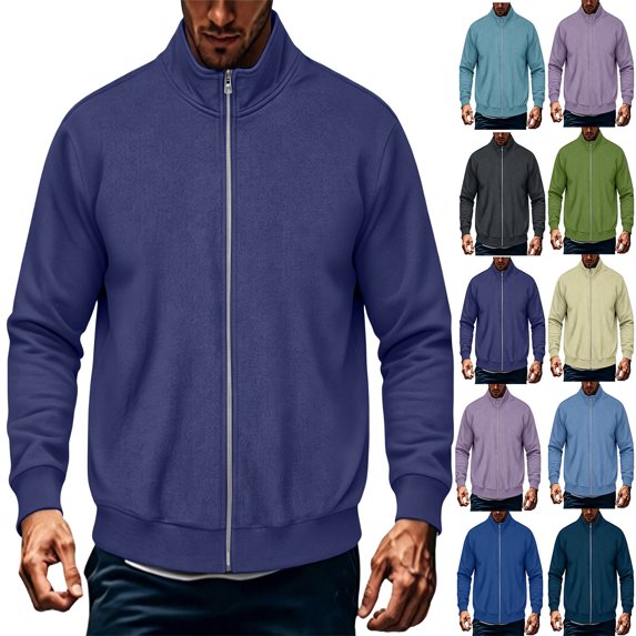 MexChoioe Men Stand Collar Zip Bomber Jacket Elastic Ribbed Soft Solid Loose Daily Long Sleeve Outerwear for Mens