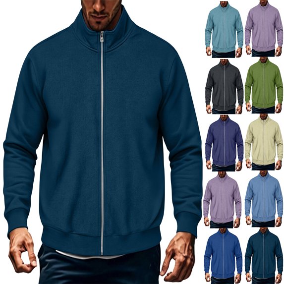 MexChoioe Men Stand Collar Zip Bomber Jacket Elastic Ribbed Soft Solid Loose Daily Long Sleeve Outerwear for Mens