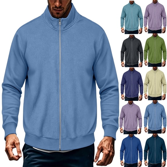 MexChoioe Men Stand Collar Zip Bomber Jacket Elastic Ribbed Soft Solid Loose Daily Long Sleeve Outerwear for Mens