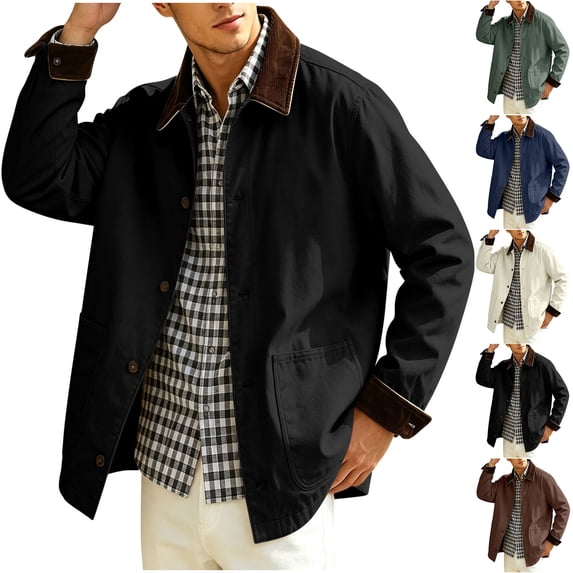 MexChoioe Mens Contrast Collar Canvas Jacket Button Closure Side Pockets Loose Cut Fall Casual Outerwear for Mens