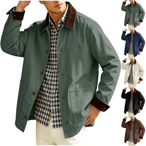 MexChoioe Mens Contrast Collar Canvas Jacket Side Pockets Loose Cut Fall Casual Outerwear for Mens