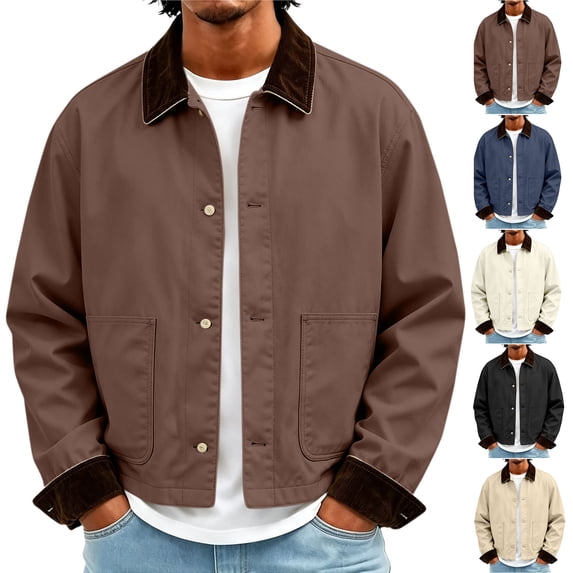 MexChoioe Mens Fall Casual Cropped Work Jacket Contrast Corduroy Collar Button Front Side Pockets Daily Coat for Mens