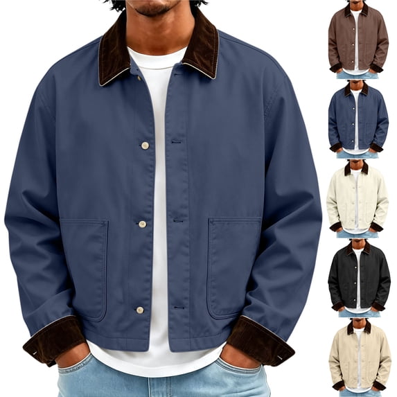 MexChoioe Mens Fall Casual Cropped Work Jacket Contrast Corduroy Collar Button Front Side Pockets Daily Coat for Mens