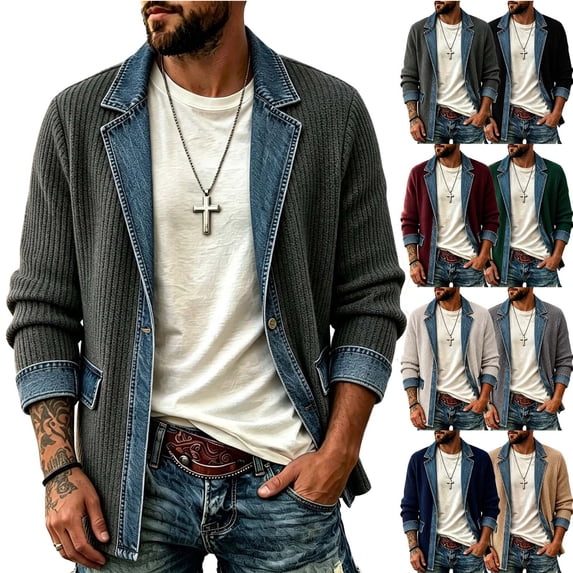 MexChoioe Mens Fall Casual Knit Cardigan Lapel Collar Denim Spliced Open Front Design Loose Cut Daily Coat for Mens