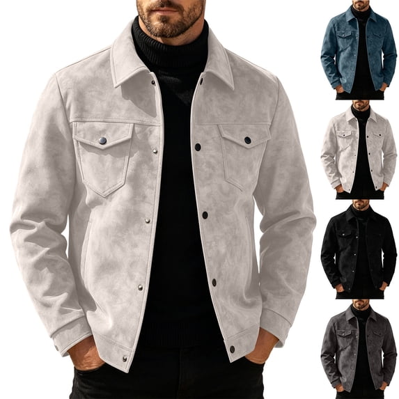 MexChoioe Mens Fall Casual Suede Trucker Jacket Lapel Collar Snap Button Design Multi Pockets Loose Cut Daily Coat for Mens