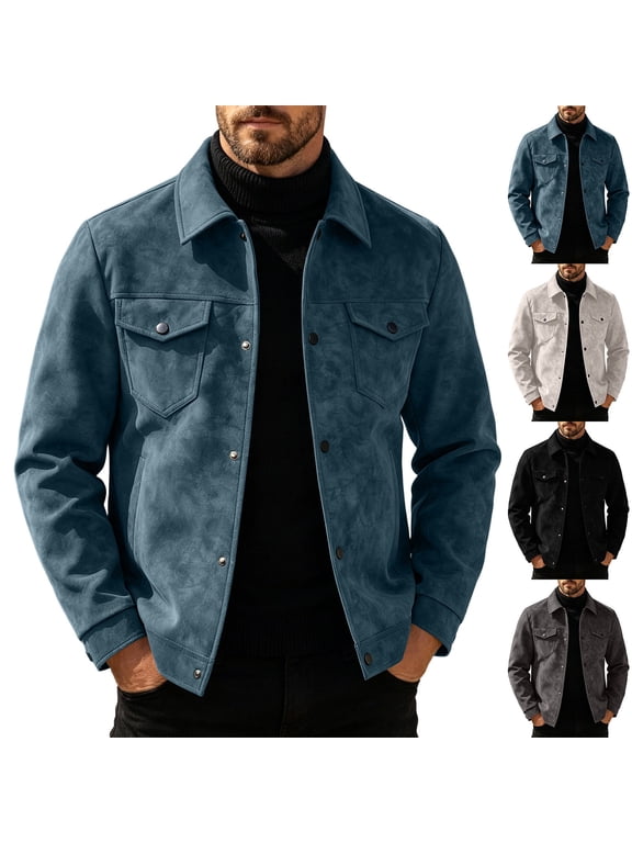Mens Fall Casual Suede Trucker Jacket Lapel Collar Snap Button Design Multi Pockets Loose Cut Daily Coat for Mens