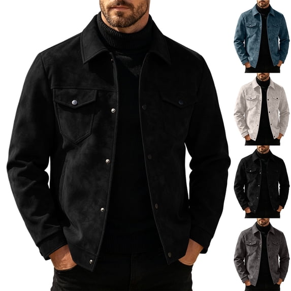MexChoioe Mens Fall Casual Suede Trucker Jacket Lapel Collar Snap Button Design Multi Pockets Loose Cut Daily Coat for Mens