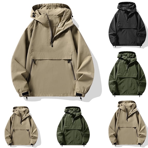 MexChoioe Mens Fall Outdoor Windproof Anorak Hooded Jacket Half Zip Closure Multi Zipper Pockets Adjustable Cuffs Daily Coat for Mens