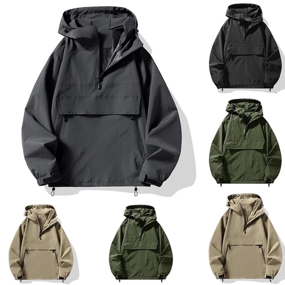 MexChoioe Mens Fall Outdoor Windproof Anorak Hooded Jacket Half Zip Closure Multi Zipper Pockets Adjustable Cuffs Daily Coat for Mens