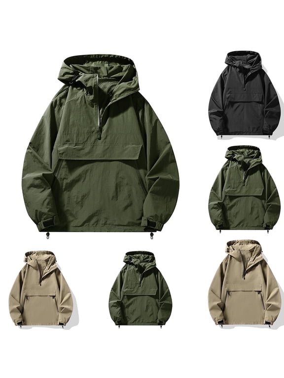 Mens Fall Outdoor Windproof Anorak Hooded Jacket Half Zip Closure Multi Zipper Pockets Adjustable Cuffs Daily Coat for Mens
