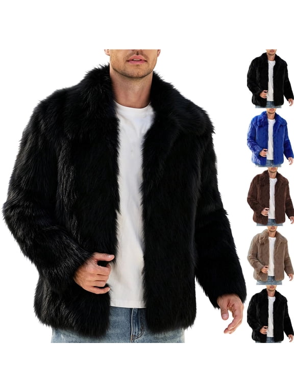 Mens Fall Winter Faux Fur Outerwear Lapel Collar Open Front Jacket Loose Cut Daily Coat for Mens