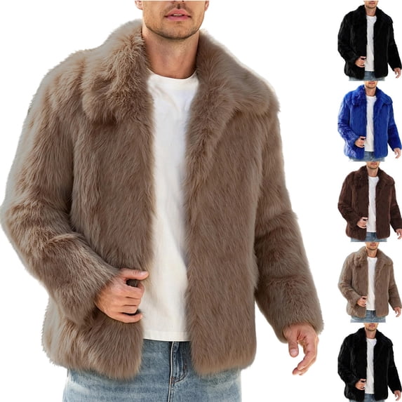 MexChoioe Mens Fall Winter Faux Fur Outerwear Lapel Collar Open Front Jacket Loose Cut Daily Coat for Mens