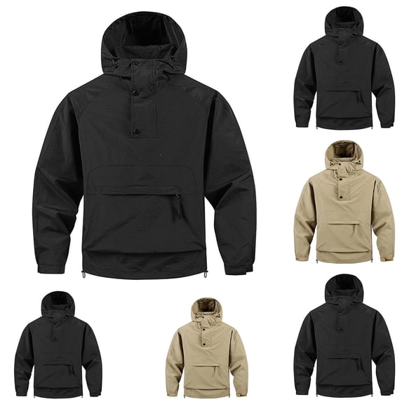 MexChoioe Mens Hooded Anorak Jacket Snap Placket Zip Cargo Pocket Adjustable Drawstring Hood Fall Casual Outerwear Windbreaker for Mens