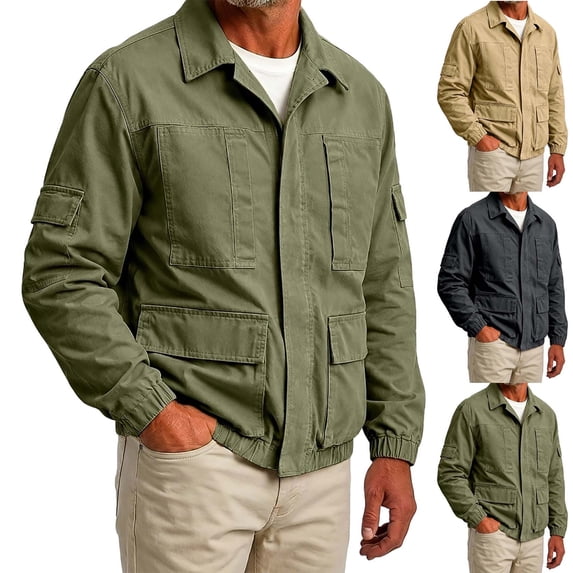 MexChoioe Mens Lapel Collar Cargo Jacket Full Zip Multi Pockets Lightweight Fall Casual Outerwear for Mens