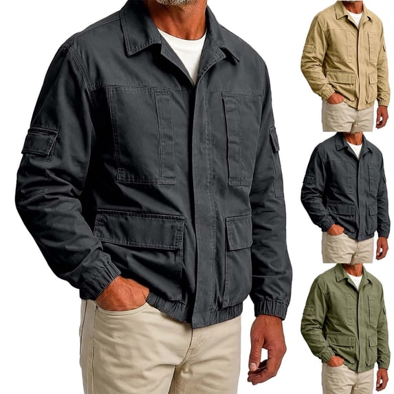 MexChoioe Mens Lapel Collar Cargo Jacket Full Zip Multi Pockets Lightweight Fall Casual Outerwear for Mens